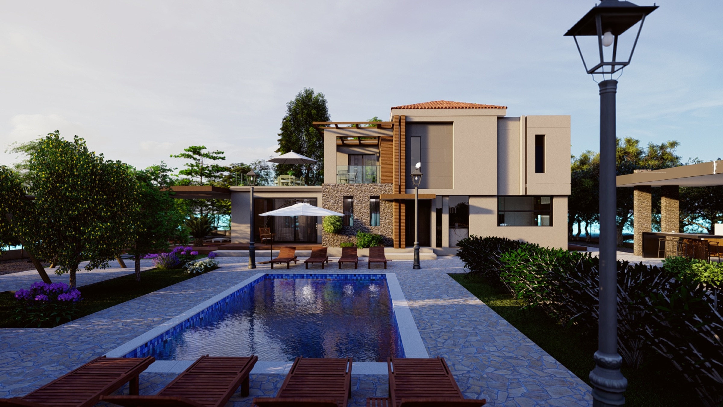 Architectural visual of the proposed redevelopment with pool and updated exterior