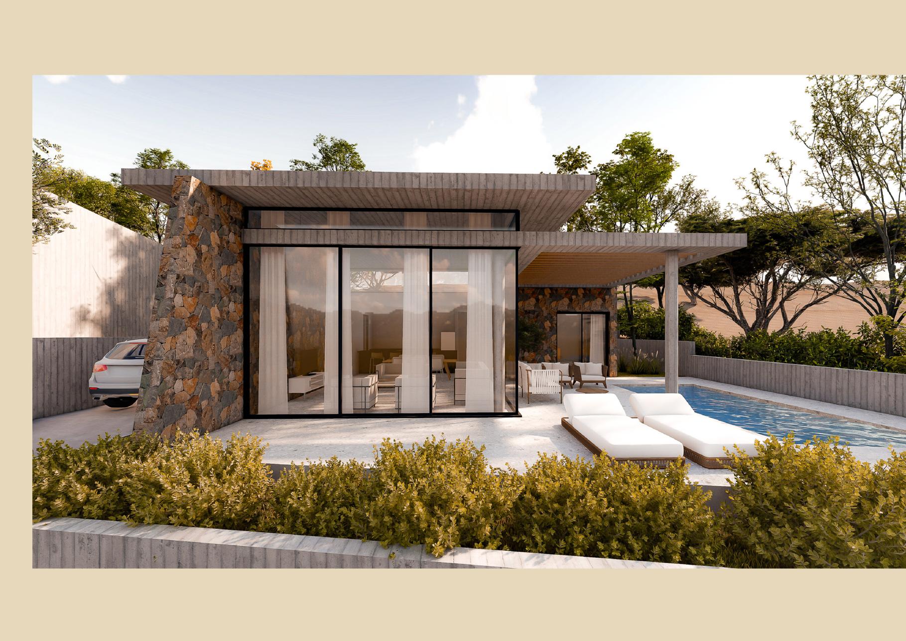Architectural rendering of Residence 02 with shaded terrace and private pool